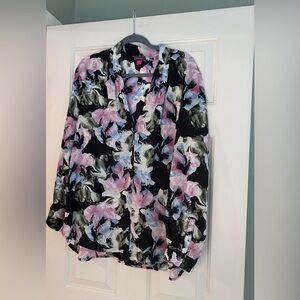 NWOT Vince Camuto Black Floral V Neck Long Sleeve Blouse Floral Blooms XL